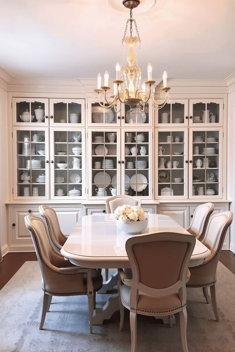 A charming vintage china display fills a set of elegant white cabinets, showcasing an array of delicate porcelain pieces in soft pastel hues. The dining room features a large white table surrounded by upholstered chairs, with a stunning chandelier hanging above, casting a warm glow over the space.