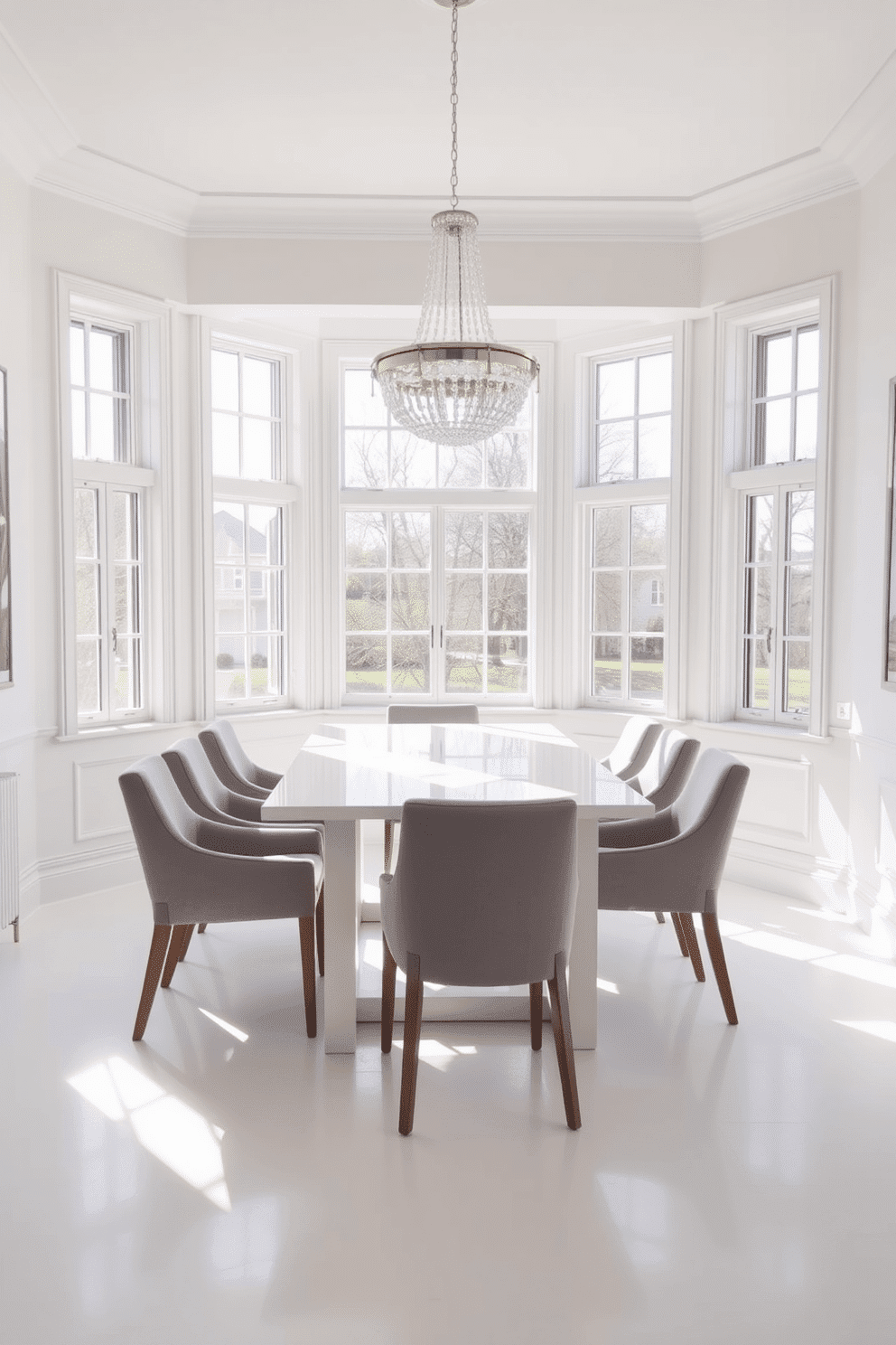 Bright space with large bay windows. The room features a sleek white dining table surrounded by upholstered chairs in soft gray fabric. Natural light floods the area, accentuating the clean lines and minimalist decor. A statement chandelier hangs above the table, adding an elegant touch to the airy atmosphere.