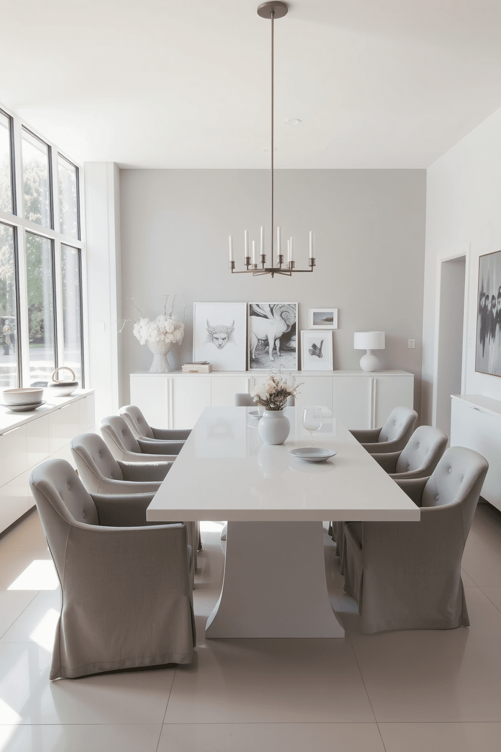 A sleek white sideboard is positioned against the wall, providing ample additional storage while enhancing the room's modern aesthetic. The dining area features a large, rectangular white table surrounded by elegant, upholstered chairs in soft gray, creating a harmonious balance of color and texture. Large windows allow natural light to flood the space, highlighting the minimalist decor and creating an inviting atmosphere. A contemporary chandelier hangs above the table, adding a touch of sophistication to the overall design.