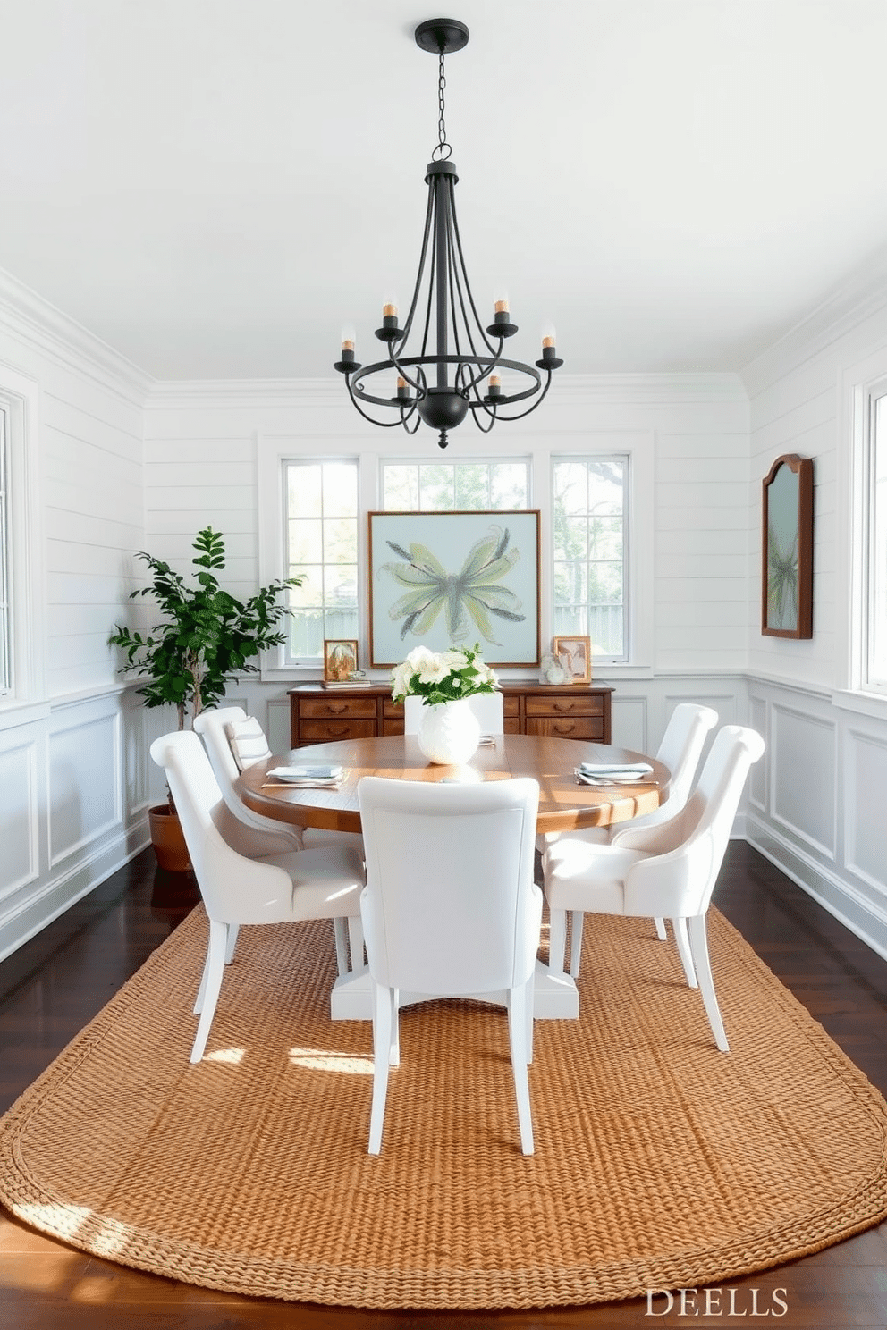 Chic farmhouse style with rustic elements. The dining room features a large reclaimed wood table surrounded by mismatched upholstered chairs in soft neutrals. A vintage chandelier hangs above, adding a touch of elegance to the space. The walls are adorned with shiplap, and a woven rug lies beneath the table, enhancing the cozy atmosphere. White Dining Room Design Ideas. The room showcases a bright, airy feel with white wainscoting and large windows allowing natural light to flood in. A round white table is set in the center, surrounded by sleek white chairs, while a statement piece of artwork adds a pop of color to the decor.