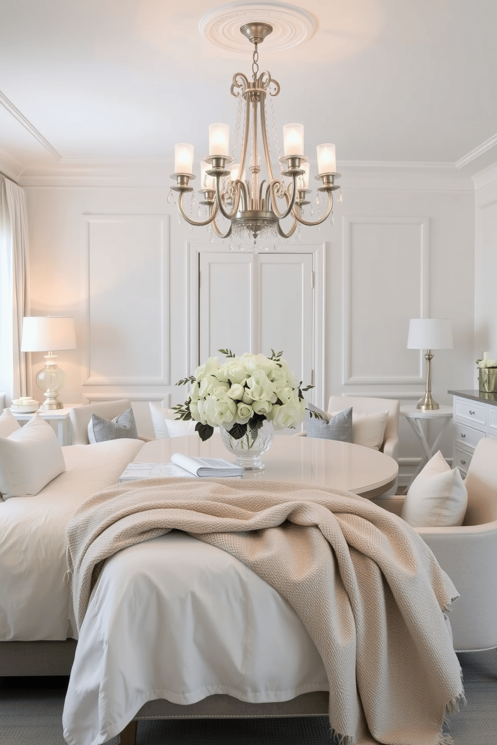 A serene bedroom featuring layered textures, with crisp white linens and plush pillows adorning a king-sized bed. The walls are painted in a soft, neutral tone, creating a calming atmosphere complemented by a cozy throw blanket draped over the foot of the bed. An elegant white dining room showcasing a large, round table surrounded by upholstered chairs. The space is illuminated by a stunning chandelier, and a lush centerpiece of white flowers adds a touch of sophistication to the table setting.