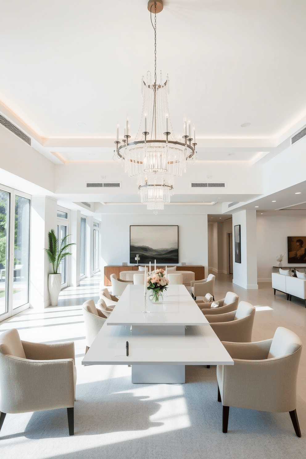 An open layout featuring a spacious dining area bathed in natural light, highlighted by a stunning statement chandelier that serves as the focal point. The room showcases a sleek white dining table surrounded by elegantly upholstered chairs, complemented by minimalist decor and a soft, neutral color palette.