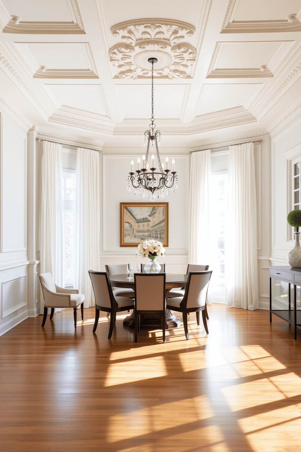 A classic white dining room featuring elegant wainscoting that adds depth to the walls, complemented by intricate crown molding that frames the ceiling beautifully. The space is adorned with a large, round dining table surrounded by upholstered chairs, creating an inviting atmosphere for gatherings. Natural light floods the room through large windows dressed with sheer white curtains, enhancing the airy feel. A statement chandelier hangs above the table, casting a warm glow on the polished hardwood floor, which adds a touch of sophistication to the overall design.