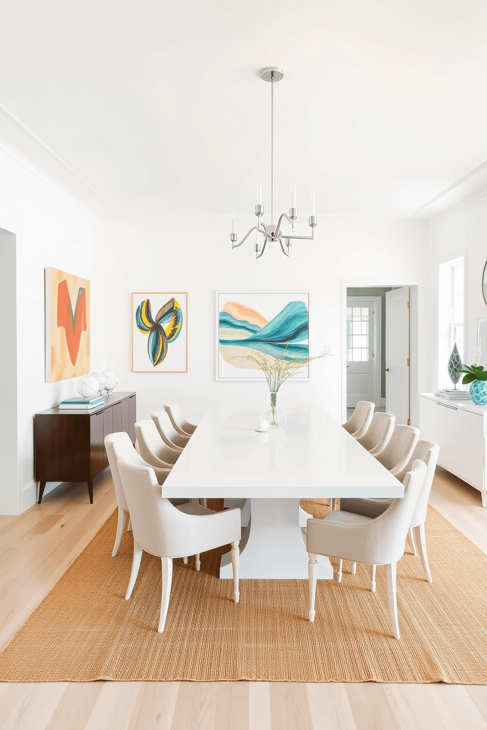 A bright and airy dining room features a large white table surrounded by elegant, upholstered chairs. Contemporary art pieces adorn the white walls, adding vibrant splashes of color and texture to the space. The room is illuminated by a modern chandelier that hangs gracefully above the table. A sleek sideboard against one wall complements the minimalist aesthetic, with carefully curated decor items displayed atop it.