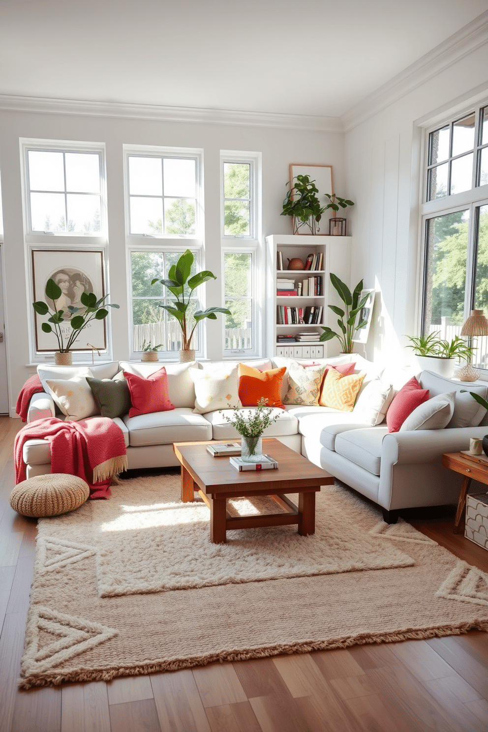 A cozy white sectional sofa is adorned with an array of colorful cushions, creating an inviting atmosphere in the family room. The room features a warm wooden coffee table in front, surrounded by soft, textured rugs that enhance the comfort of the space. Natural light floods in through large windows, highlighting the soft white walls and enhancing the cheerful ambiance. A stylish bookshelf filled with books and decorative items adds personality to the room, while potted plants bring a touch of nature indoors.