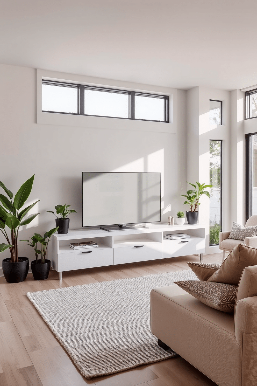 A sleek white entertainment unit is the focal point of the family room, featuring clean lines and minimalistic design. Surrounding the unit, a few strategically placed potted plants add a touch of greenery and vibrancy to the space. The family room is designed with a cozy ambiance, incorporating a soft beige sectional sofa and a textured area rug. Large windows allow natural light to flood the room, enhancing the inviting atmosphere and showcasing the elegant decor.