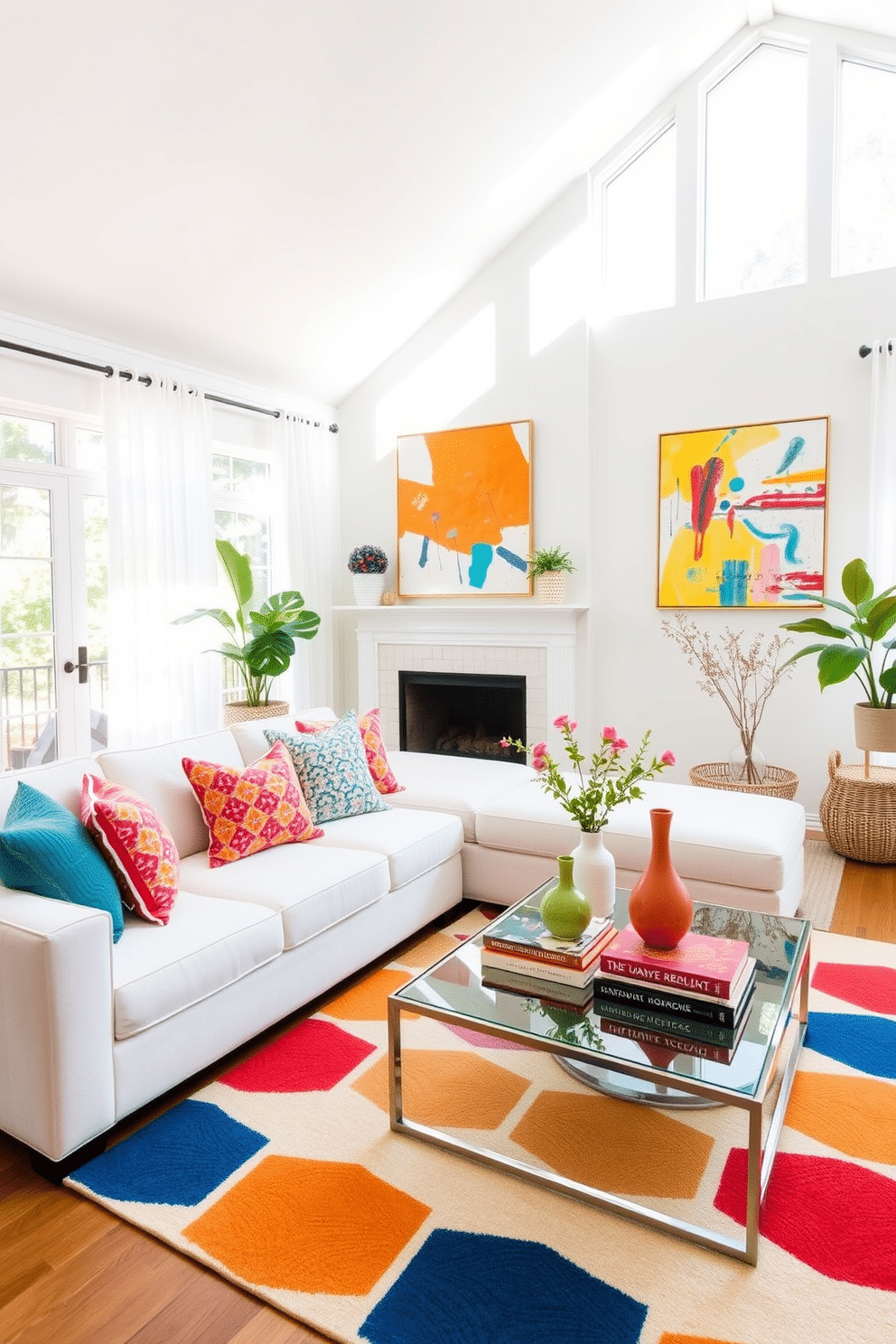 A bright family room featuring a neutral white palette accented by vibrant accessories. The space includes a plush white sectional sofa adorned with colorful throw pillows and a large abstract artwork hanging above the mantel. Natural light floods the room through large windows dressed with sheer white curtains. A geometric area rug in bold colors anchors the seating area, while a sleek coffee table with decorative books and a vibrant vase adds a playful touch.