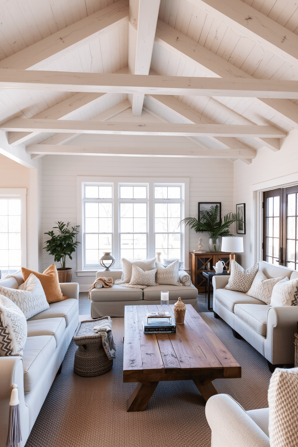 A cozy family room featuring white wooden beams that add rustic charm to the space. The room is filled with plush, neutral-colored furniture and accented with warm, textured throw pillows for added comfort. Large windows allow natural light to flood the room, highlighting the wooden beams and creating an inviting atmosphere. A reclaimed wood coffee table sits at the center, adorned with a few carefully chosen decorative items and a stack of books.