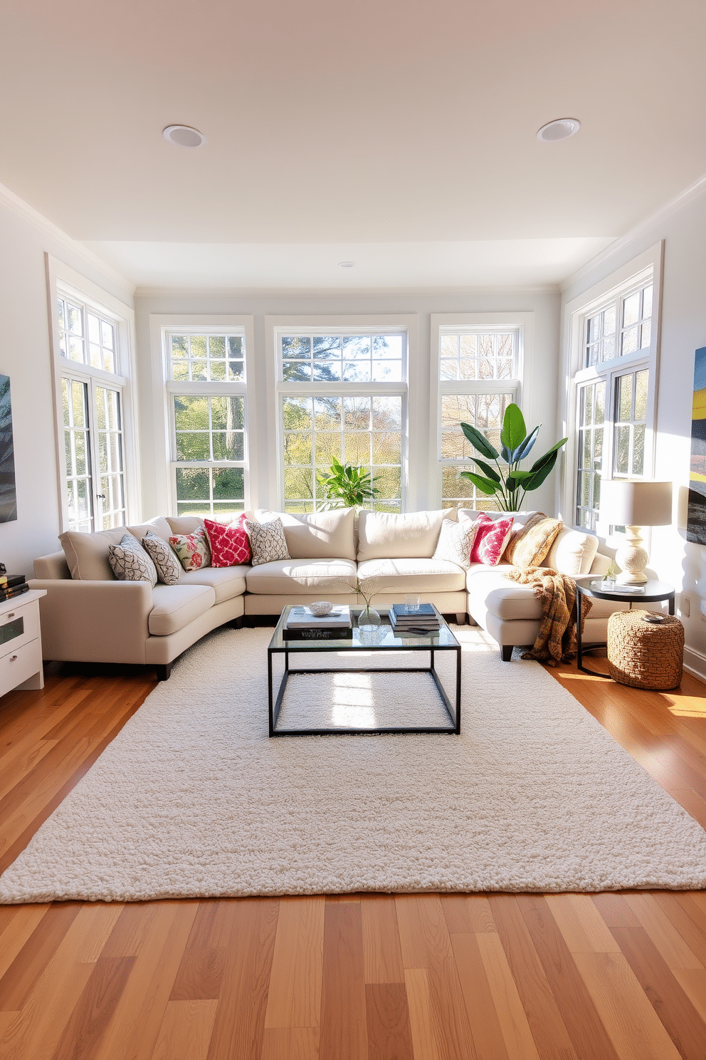 A bright white area rug anchors the family room, providing warmth and comfort underfoot. The room features a cozy sectional sofa adorned with colorful throw pillows, creating an inviting atmosphere for relaxation and gatherings. Large windows allow natural light to flood the space, highlighting the soft white walls and light hardwood flooring. A stylish coffee table sits at the center, surrounded by decorative books and a few carefully chosen accessories that add personality to the room.