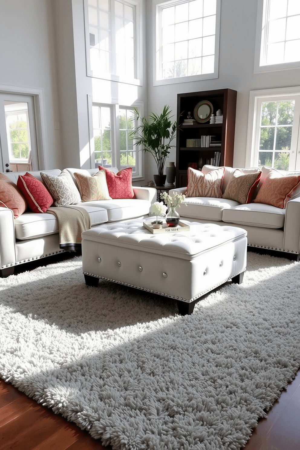 A stylish white ottoman sits in the center of a bright family room, providing extra seating and a touch of elegance. Surrounding the ottoman, a plush area rug in soft gray tones complements the light-colored furniture and enhances the cozy atmosphere. The family room features a large sectional sofa adorned with colorful throw pillows, creating a welcoming space for relaxation. Natural light floods the room through expansive windows, highlighting the tasteful decor and inviting ambiance.