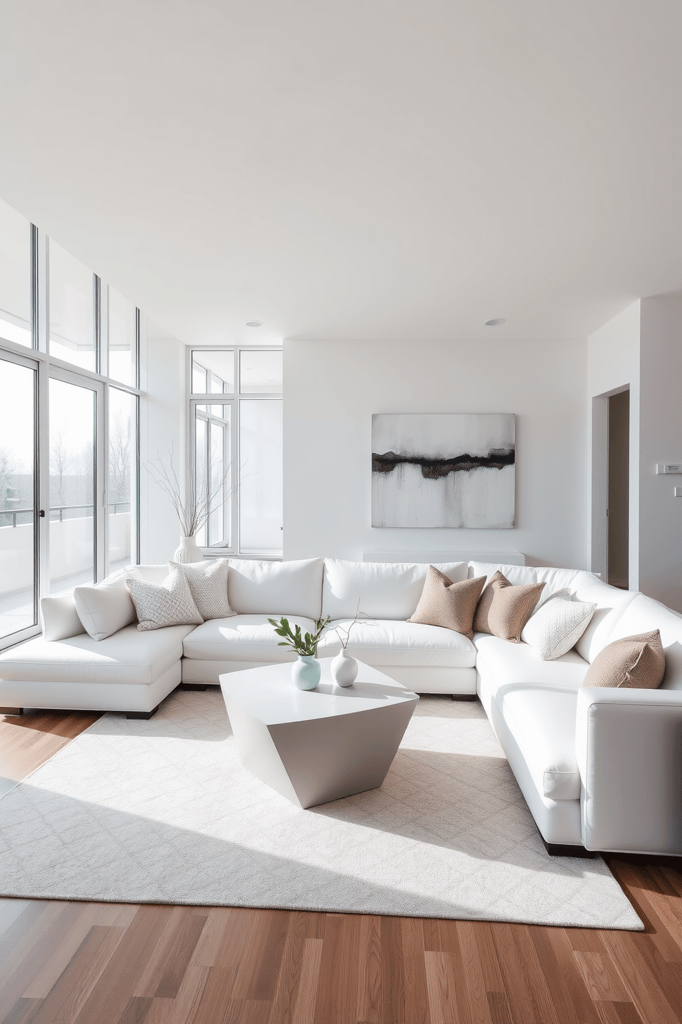 Contemporary white decor with geometric shapes. The family room features a sleek white sectional sofa adorned with textured cushions, paired with a minimalist coffee table that showcases a unique geometric design. Large floor-to-ceiling windows allow natural light to flood the space, highlighting the clean lines and open layout. A statement rug with subtle geometric patterns anchors the seating area, while abstract wall art adds a touch of sophistication to the overall aesthetic.