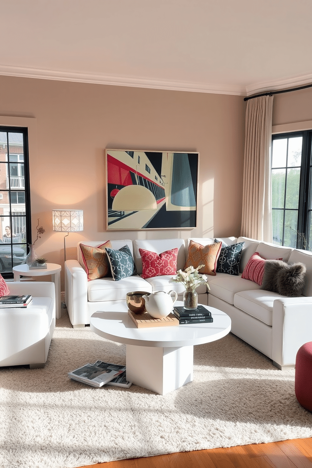 A stylish family room featuring white side tables, each adorned with unique, artistic lamps that add character to the space. The room is designed with a cozy sectional sofa, complemented by colorful throw pillows that enhance the inviting atmosphere. Natural light floods in through large windows, highlighting the soft textures of the area rug beneath a chic coffee table. The walls are painted in a warm, neutral tone, creating a harmonious backdrop for the carefully curated decor.