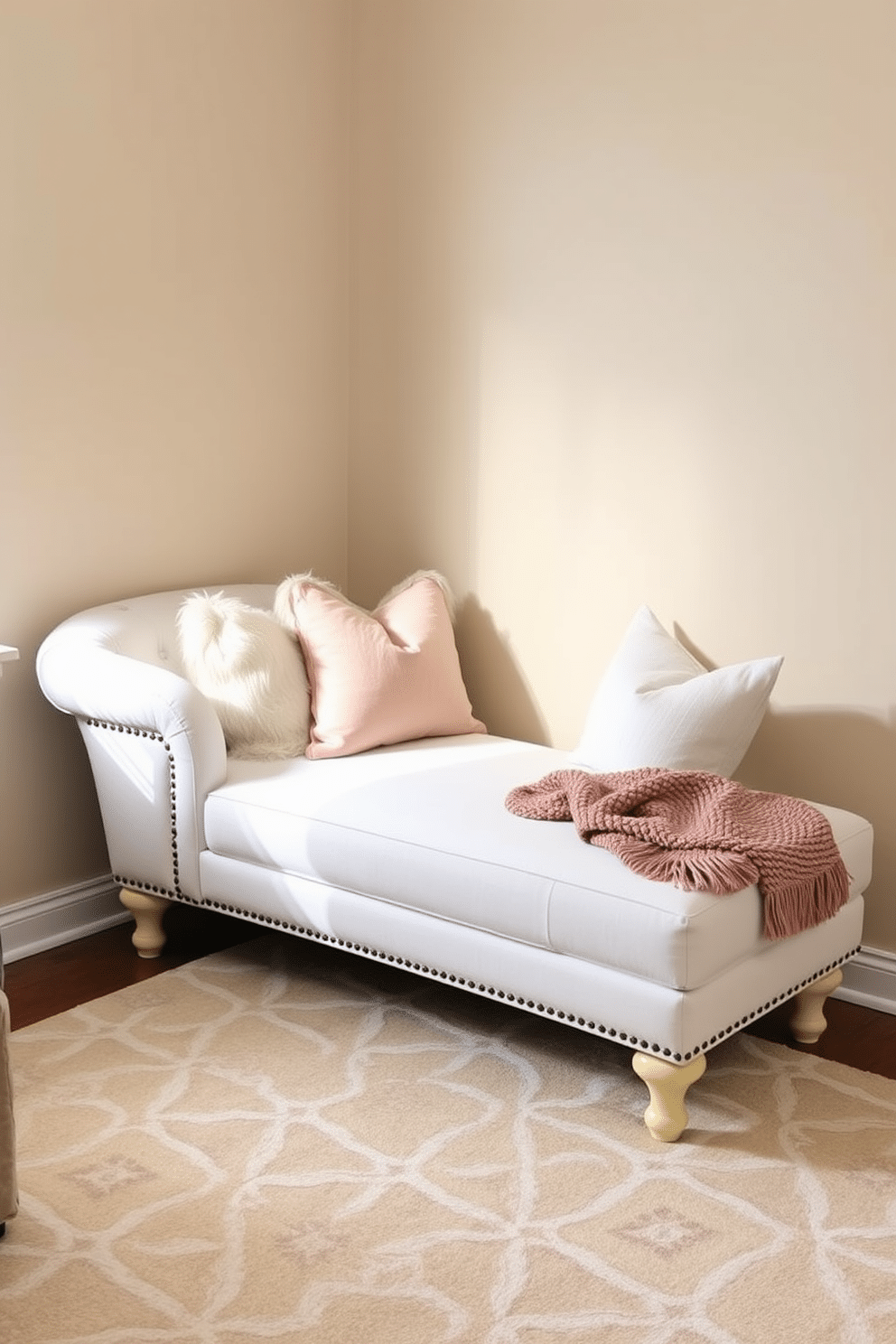 Inviting white chaise lounge in the corner, adorned with plush throw pillows in soft pastel colors. The surrounding walls are painted in a warm beige tone, complemented by a cozy area rug featuring subtle geometric patterns.