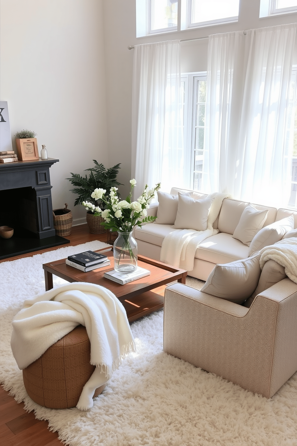 A cozy family room featuring layered textures, with soft white throws draped over a plush sectional sofa. The floor is adorned with a thick, white area rug that adds warmth, while accent pillows in varying shades of cream and beige provide additional comfort. Natural light floods the space through large windows, highlighting the elegant white curtains that frame them. A wooden coffee table sits at the center, adorned with decorative books and a stylish vase filled with fresh flowers.