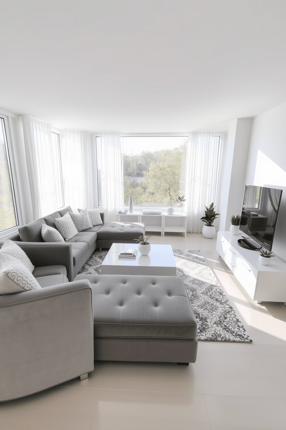 A sophisticated family room featuring a white and gray color scheme. The walls are painted in a soft white, while the furniture includes a plush gray sectional sofa adorned with textured throw pillows. A sleek white coffee table sits in the center, complemented by a stylish gray area rug underneath. Large windows allow natural light to flood the space, enhancing the airy feel, with sheer white curtains adding a touch of elegance. On one side, a modern entertainment unit in a glossy white finish houses a flat-screen TV and decorative accents. A few potted plants in minimalist white pots bring a hint of greenery, creating a balanced and inviting atmosphere.