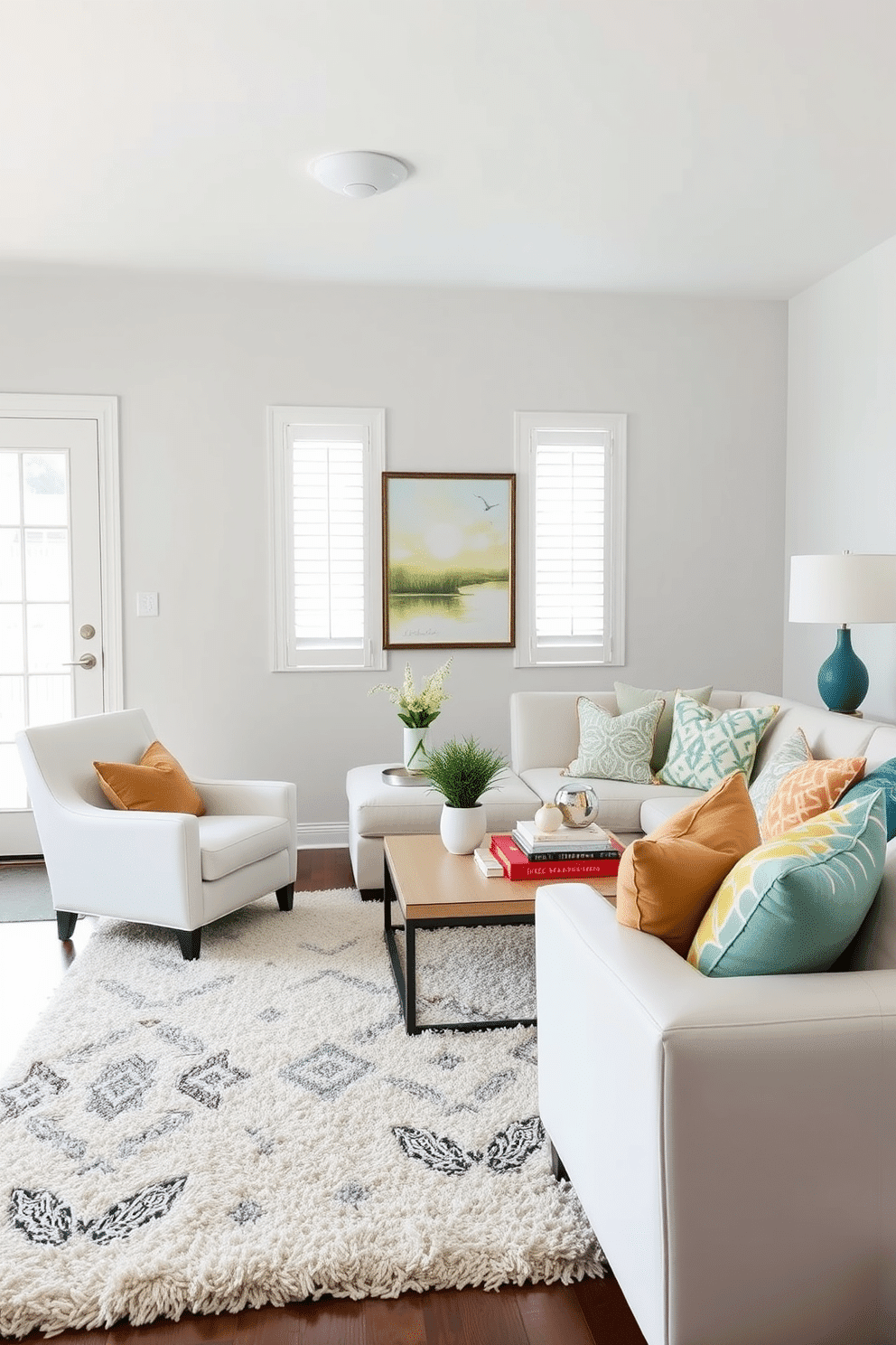 A bright and airy family room featuring a bold white accent chair that stands out against a backdrop of soft gray walls. The space is adorned with a plush area rug and a mix of colorful throw pillows on a cozy sectional sofa, creating an inviting atmosphere for relaxation and gatherings.