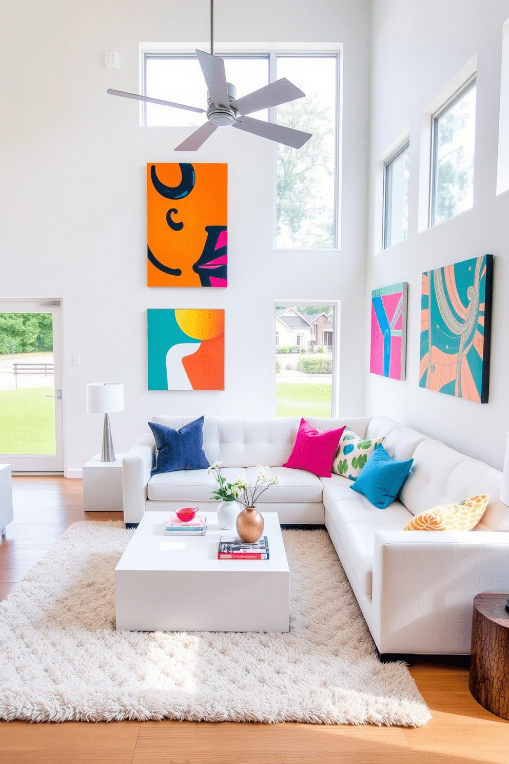 A bright and airy family room featuring crisp white furniture, including a plush sectional sofa and a sleek coffee table. The walls are adorned with vibrant art pieces that add pops of color, creating an inviting and lively atmosphere. Large windows allow natural light to flood the space, highlighting the contemporary decor. A cozy area rug anchors the seating area, while decorative cushions in bold hues add comfort and style.