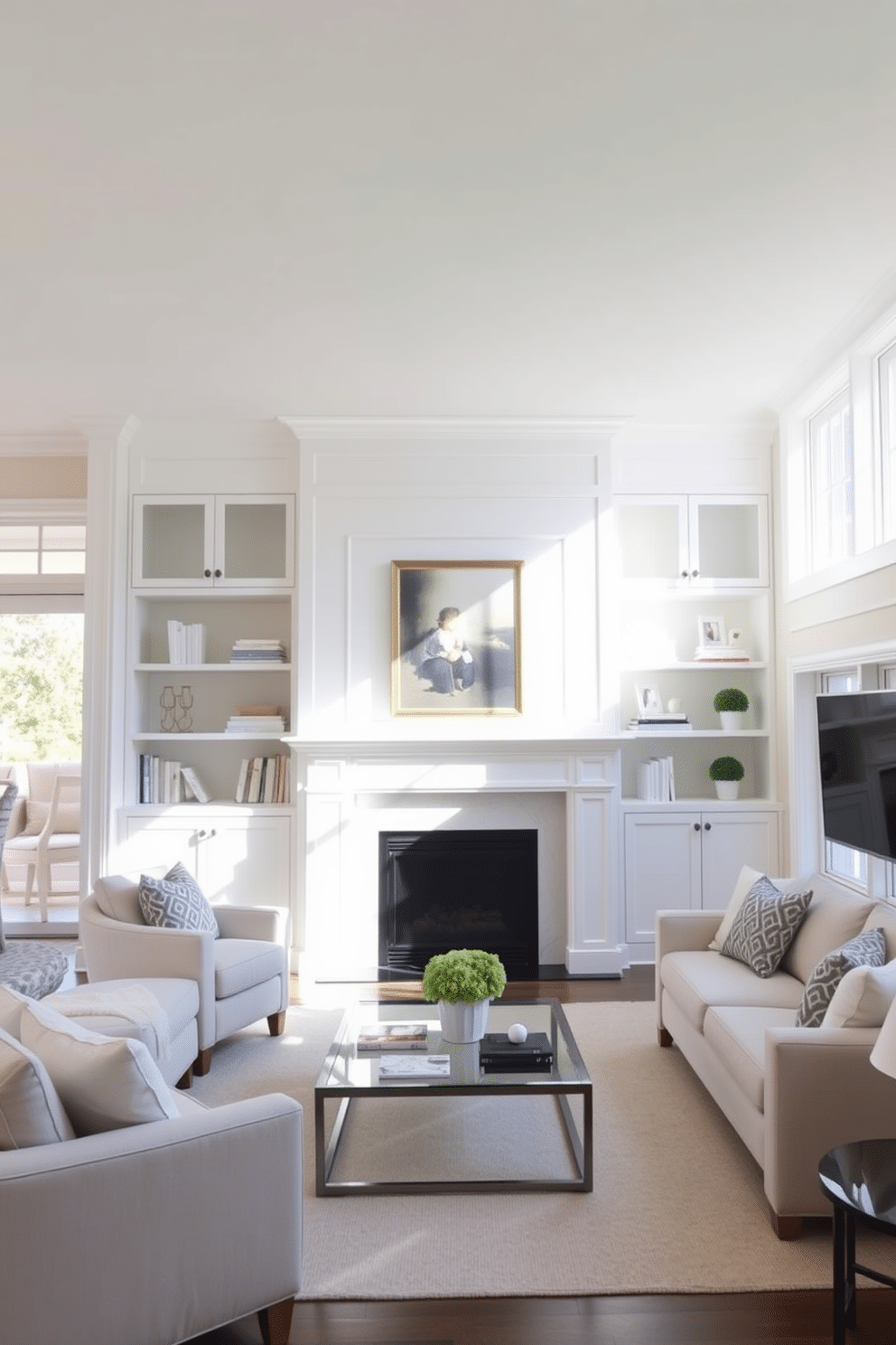 A bright and airy family room features elegant white built-ins that provide organized storage while blending seamlessly with the decor. The space is adorned with soft, neutral furnishings, and large windows allow natural light to flood in, creating a welcoming atmosphere.