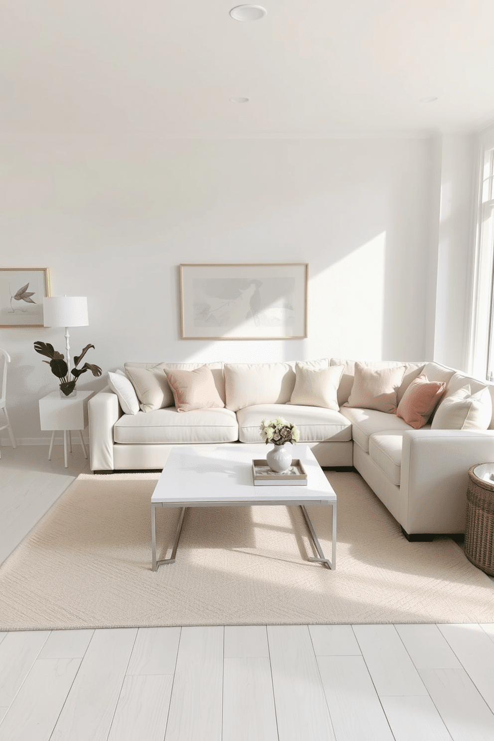 A bright and airy family room featuring soft white tones accented with pastel colors. The walls are painted in a crisp white, while plush pastel-colored cushions adorn a large, comfortable sectional sofa. A sleek coffee table sits in the center, surrounded by a light area rug that adds warmth to the space. Decorative pastel artwork hangs on the walls, complementing the overall serene ambiance of the room.