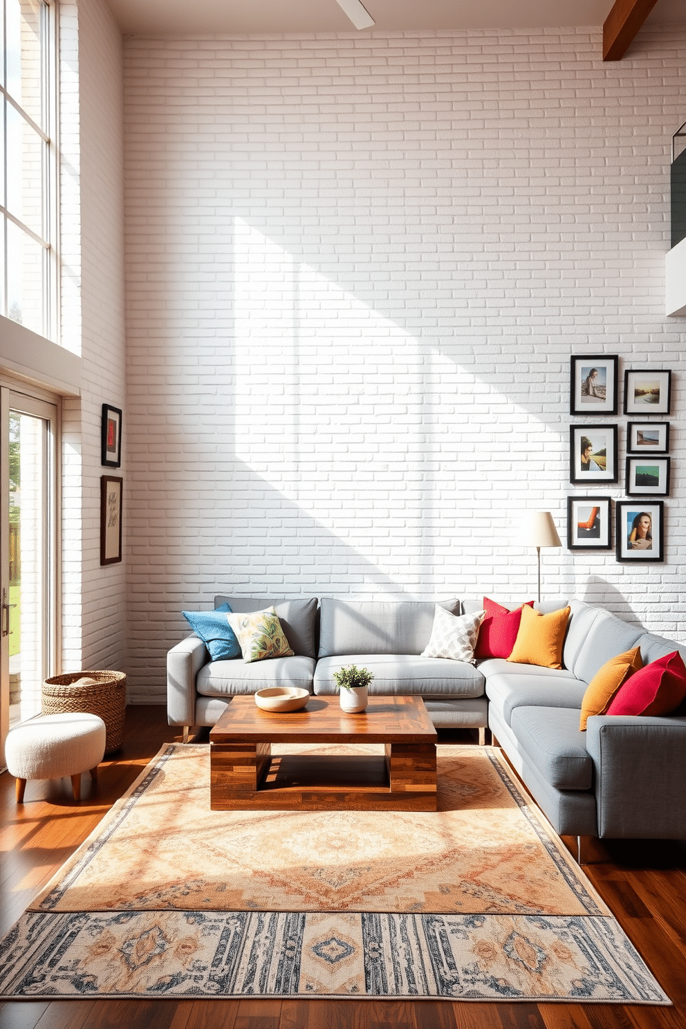 A contemporary family room featuring a striking white brick wall that adds a modern touch. The space is adorned with a plush sectional sofa in soft gray, complemented by colorful throw pillows that enhance the inviting atmosphere. Natural light floods the room through large windows, illuminating a sleek coffee table made of reclaimed wood. A stylish area rug anchors the seating arrangement, while a collection of framed artwork adds personality to the walls.