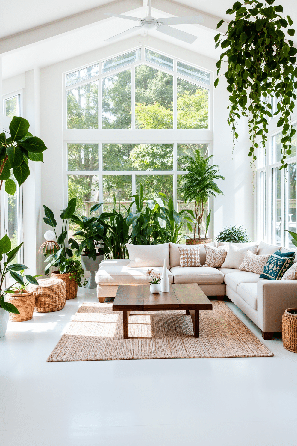 A bright white family room filled with natural light, featuring large windows that overlook a lush garden. The space is adorned with various indoor plants, including tall fiddle leaf figs and cascading pothos, creating a vibrant and refreshing atmosphere. The seating area consists of a plush sectional sofa in a soft beige fabric, complemented by colorful throw pillows. A sleek coffee table made of reclaimed wood sits in the center, surrounded by a cozy area rug that adds warmth to the white floor.