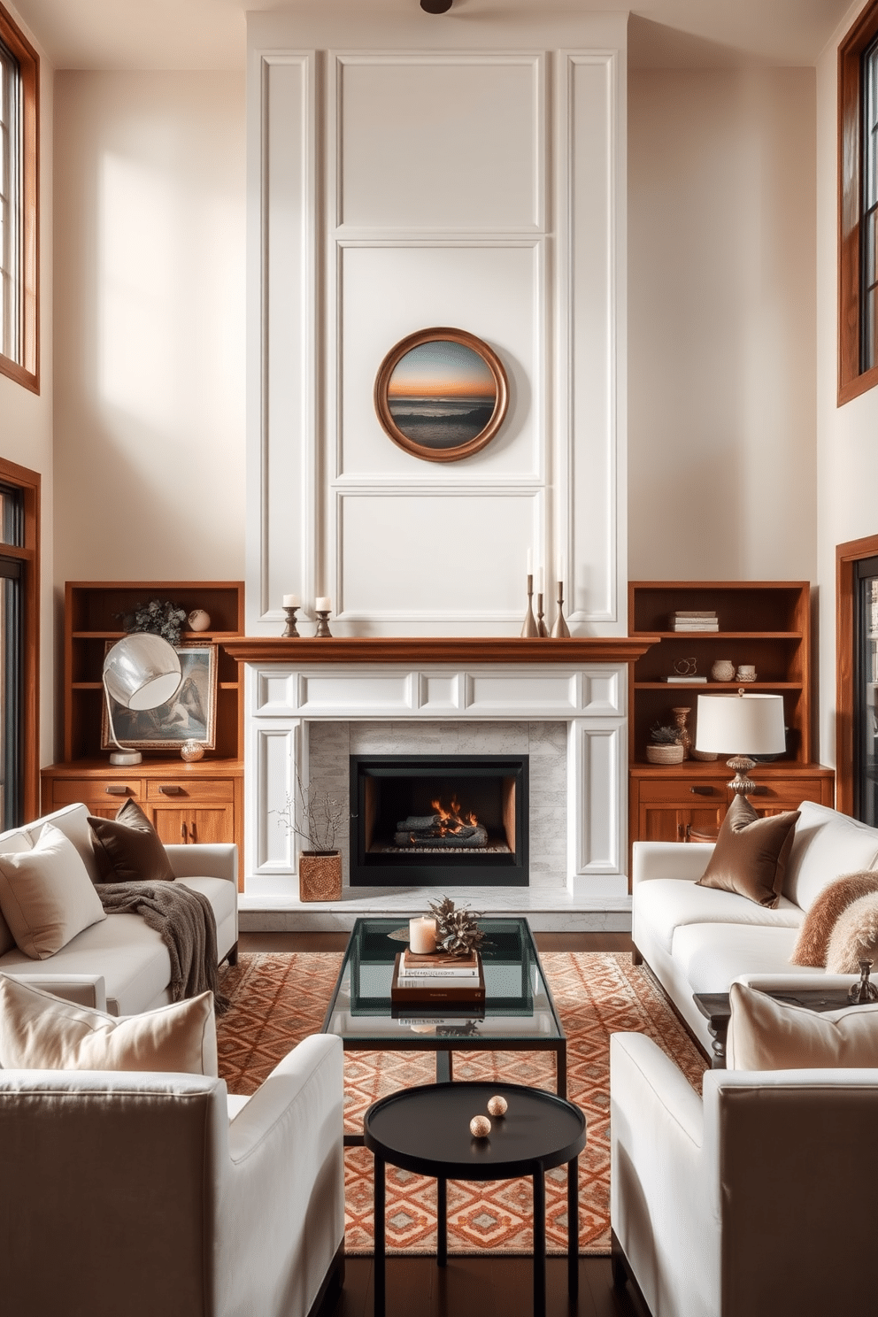 An elegant white fireplace with rich wood accents serves as the focal point of the family room, creating a warm and inviting atmosphere. Surrounding the fireplace, plush seating in soft neutral tones complements the wood elements, while large windows allow natural light to flood the space. The walls are adorned with tasteful artwork that adds character, and a stylish area rug anchors the seating arrangement. Decorative elements such as candles and books on the mantel enhance the cozy ambiance, making it a perfect gathering spot for family and friends.