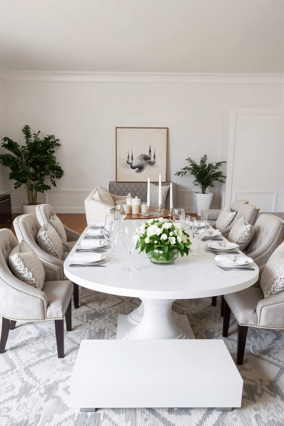 Elegant white dining table for gatherings. The table is set with fine china and crystal glassware, surrounded by plush upholstered chairs in a soft gray fabric. White Family Room Design Ideas. The space features a cozy sectional sofa adorned with textured throw pillows, complemented by a sleek white coffee table and a large area rug that adds warmth to the room.