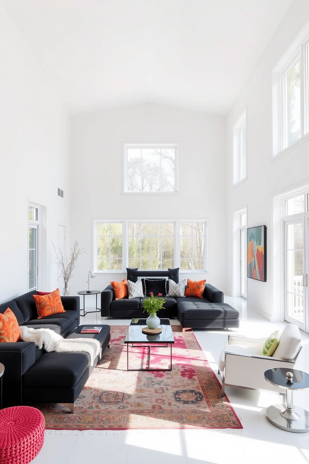 A bright white family room features expansive walls that create an airy and open atmosphere. Dark furniture, including a plush sectional sofa and a sleek coffee table, adds contrast and sophistication to the space. Large windows allow natural light to flood in, enhancing the brightness of the white walls. Decorative elements like colorful throw pillows and a vibrant area rug introduce warmth and personality to the room.