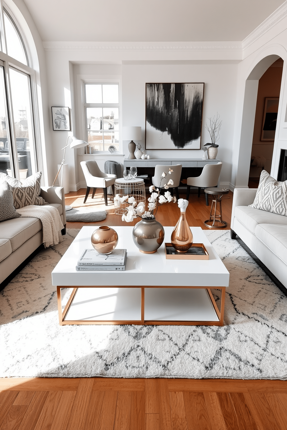 Chic white coffee table with gold accents, elegantly positioned in the center of a spacious family room. Surrounding the table are plush, neutral-toned sofas with textured throw pillows, and a stylish area rug that complements the overall decor. The walls are adorned with contemporary art pieces, adding a touch of sophistication to the space. Large windows allow natural light to flood in, enhancing the airy atmosphere and highlighting the warm wooden flooring.