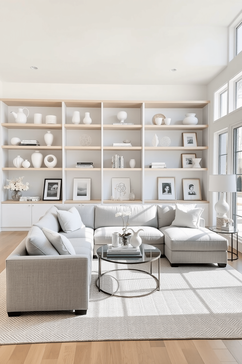 A bright and airy family room featuring open shelving that showcases a curated collection of white decor pieces. The shelves are adorned with minimalist vases, ceramic sculptures, and framed photographs, creating a cohesive and elegant look. The room is anchored by a plush sectional sofa in soft gray, complemented by a textured area rug in neutral tones. Large windows allow natural light to flood the space, enhancing the inviting atmosphere and highlighting the white decor.