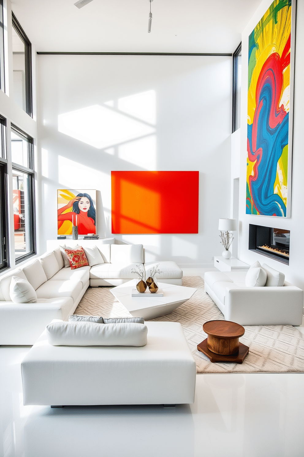 A minimalist family room featuring sleek white furniture that emphasizes clean lines and open space. Bold, colorful artwork adorns the walls, creating a striking contrast against the understated decor. The room includes a large, plush white sectional sofa paired with a geometric coffee table. Natural light floods in through expansive windows, highlighting the vibrant hues of the artwork and creating a warm, inviting atmosphere.