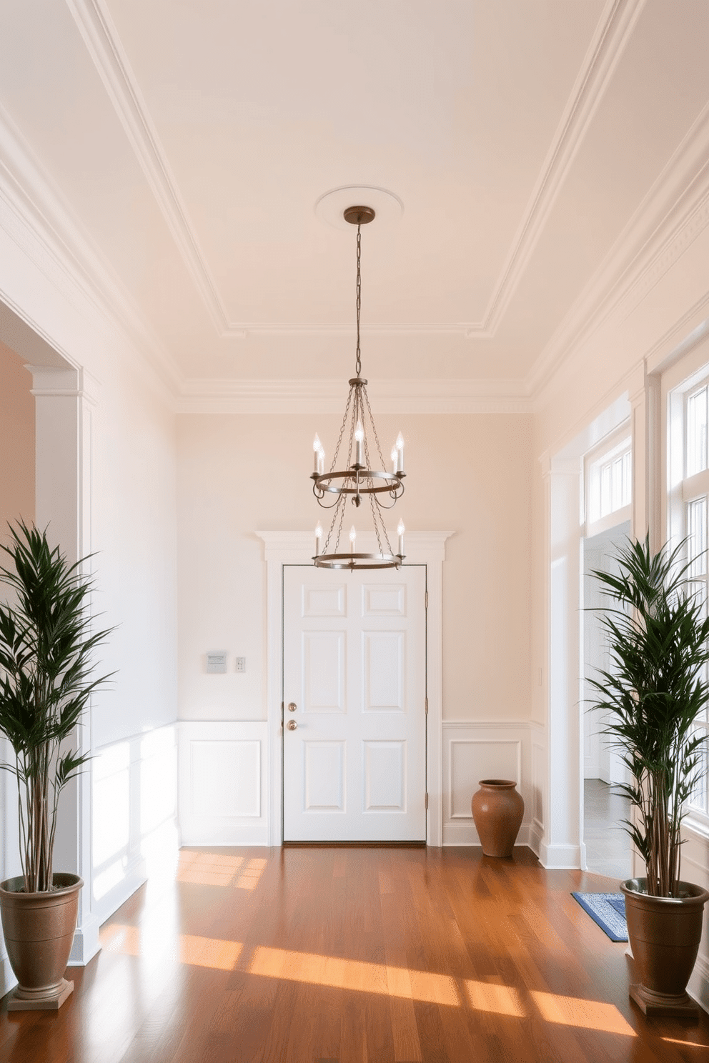 Crown molding elegantly frames the ceiling, adding a classic touch to the foyer. The walls are painted in a soft, creamy white, enhancing the brightness of the space while providing a timeless backdrop. A stunning chandelier hangs from the center, casting a warm glow over the polished hardwood floor. Flanking the entrance, two tall potted plants bring a touch of greenery and life to the design.