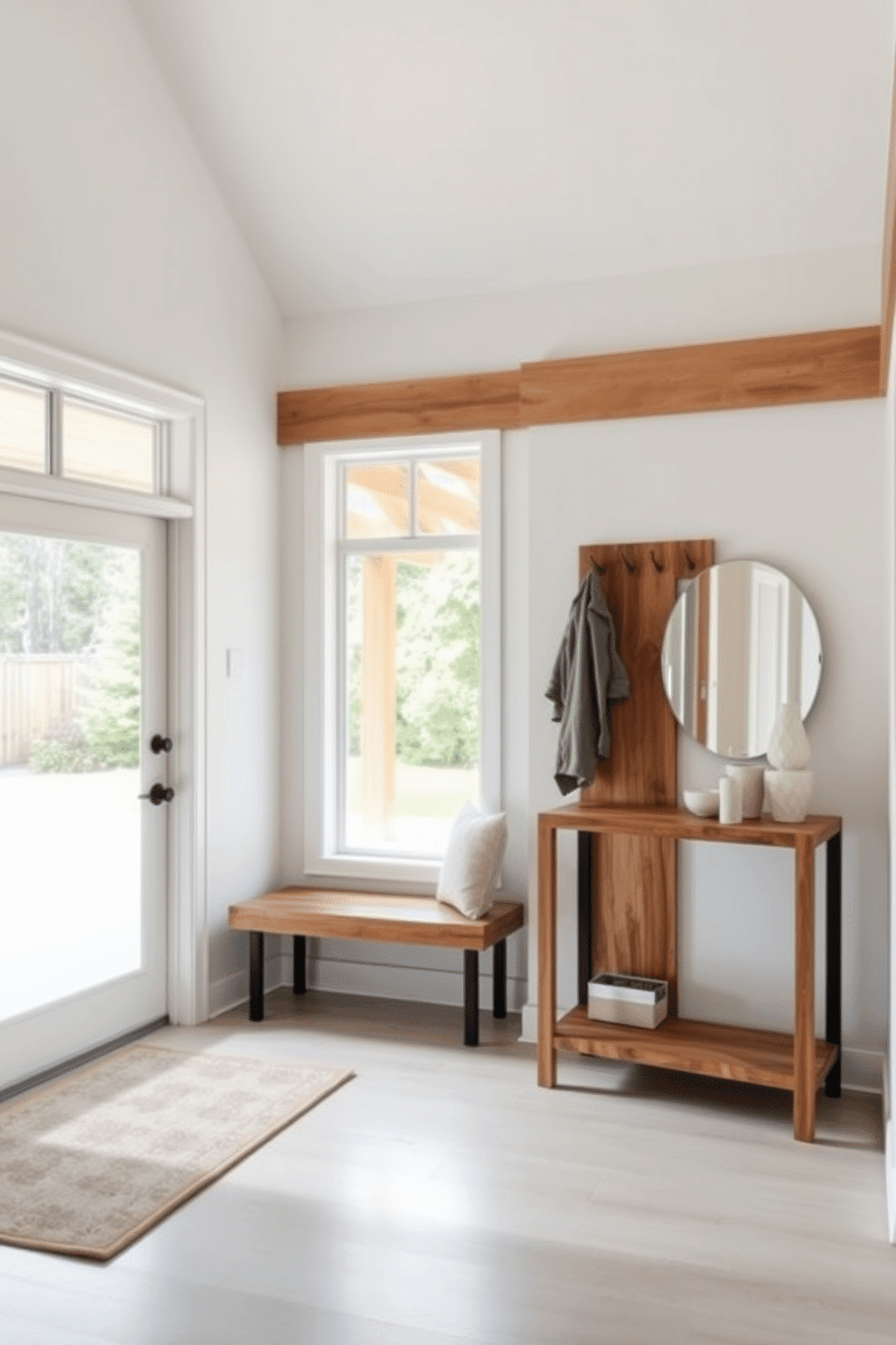 A bright and inviting foyer featuring natural wood accents that add warmth and character. The walls are painted in a soft white, complemented by a sleek wooden bench and a stylish coat rack made of reclaimed wood. Large windows allow natural light to flood the space, highlighting the beautiful grain of the wood elements. A minimalist console table adorned with a few decorative pieces sits against one wall, creating an elegant and welcoming atmosphere.