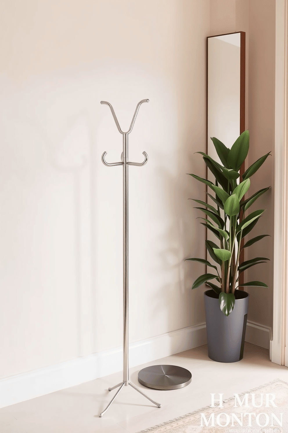 A stylish coat rack stands elegantly near the entrance, crafted from sleek metal with a modern design. The foyer features a soft beige color palette, complemented by a large mirror that enhances the sense of space and light. The floor is adorned with a chic patterned rug, adding warmth and texture to the entryway. Potted greenery in the corner brings a touch of nature indoors, creating an inviting atmosphere.