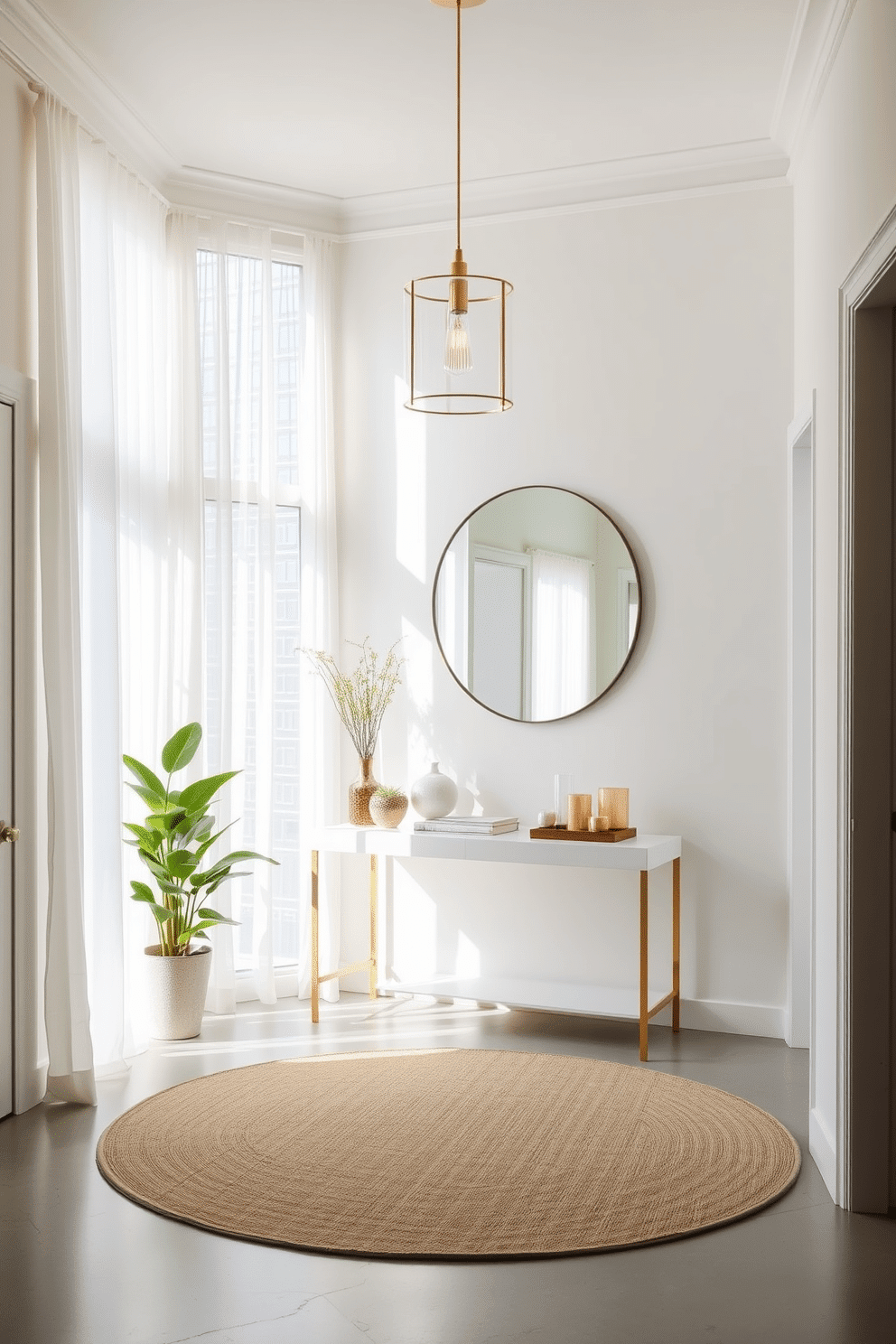 A bright foyer bathed in soft light, featuring translucent curtains that gently filter the sunlight. The walls are painted in a soft white, complementing a sleek console table adorned with decorative items and a large round mirror above it. A stylish area rug adds warmth to the space, while a modern pendant light fixture hangs from the ceiling, creating an inviting atmosphere. Potted greenery in the corners enhances the freshness and vibrancy of the foyer design.