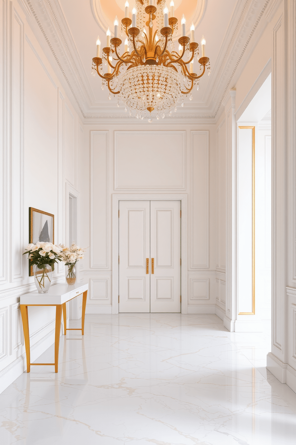 A bright and airy foyer featuring a stunning white marble floor with intricate gold veining. The walls are adorned with elegant white paneling, and a grand chandelier with gold accents hangs from the ceiling, casting a warm glow throughout the space. To the left, a sleek white console table with gold legs holds a decorative mirror and a vase of fresh white flowers. Flanking the entrance, tall white columns with gold trim enhance the grandeur of the foyer, creating an inviting and luxurious atmosphere.