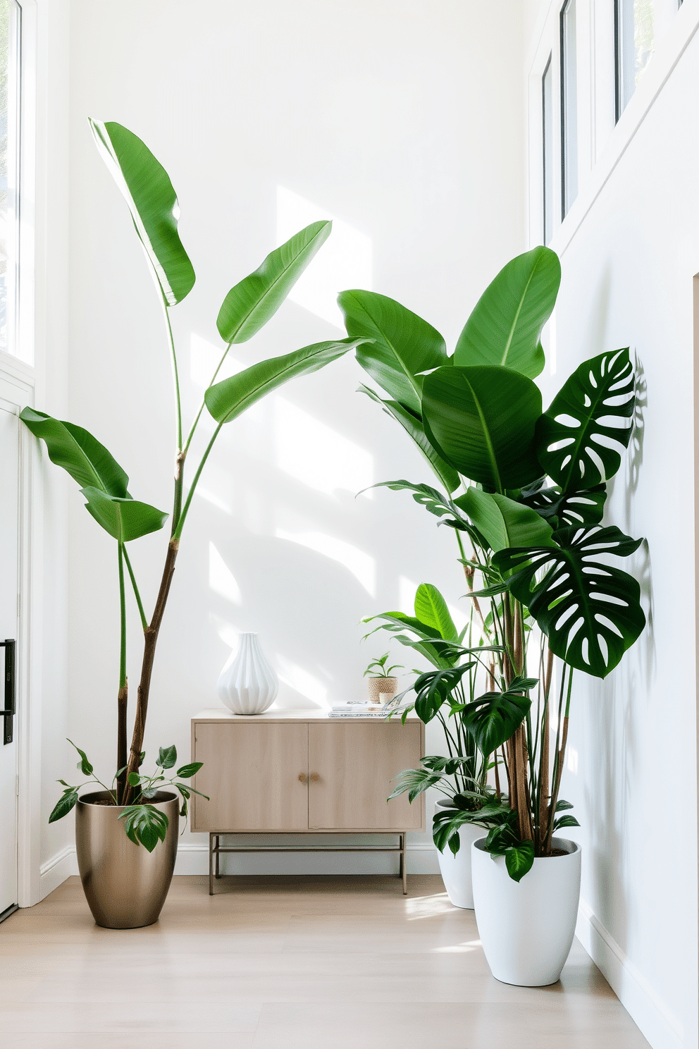 A bright and airy foyer featuring oversized indoor plants that bring a touch of freshness and vibrancy to the space. The walls are painted in a soft white hue, complementing the natural greenery of the plants, which are placed in stylish, modern planters. The foyer includes a sleek console table with decorative elements, such as a sculptural vase and a minimalist lamp. Natural light floods the area through large windows, enhancing the welcoming atmosphere and highlighting the beauty of the plants.