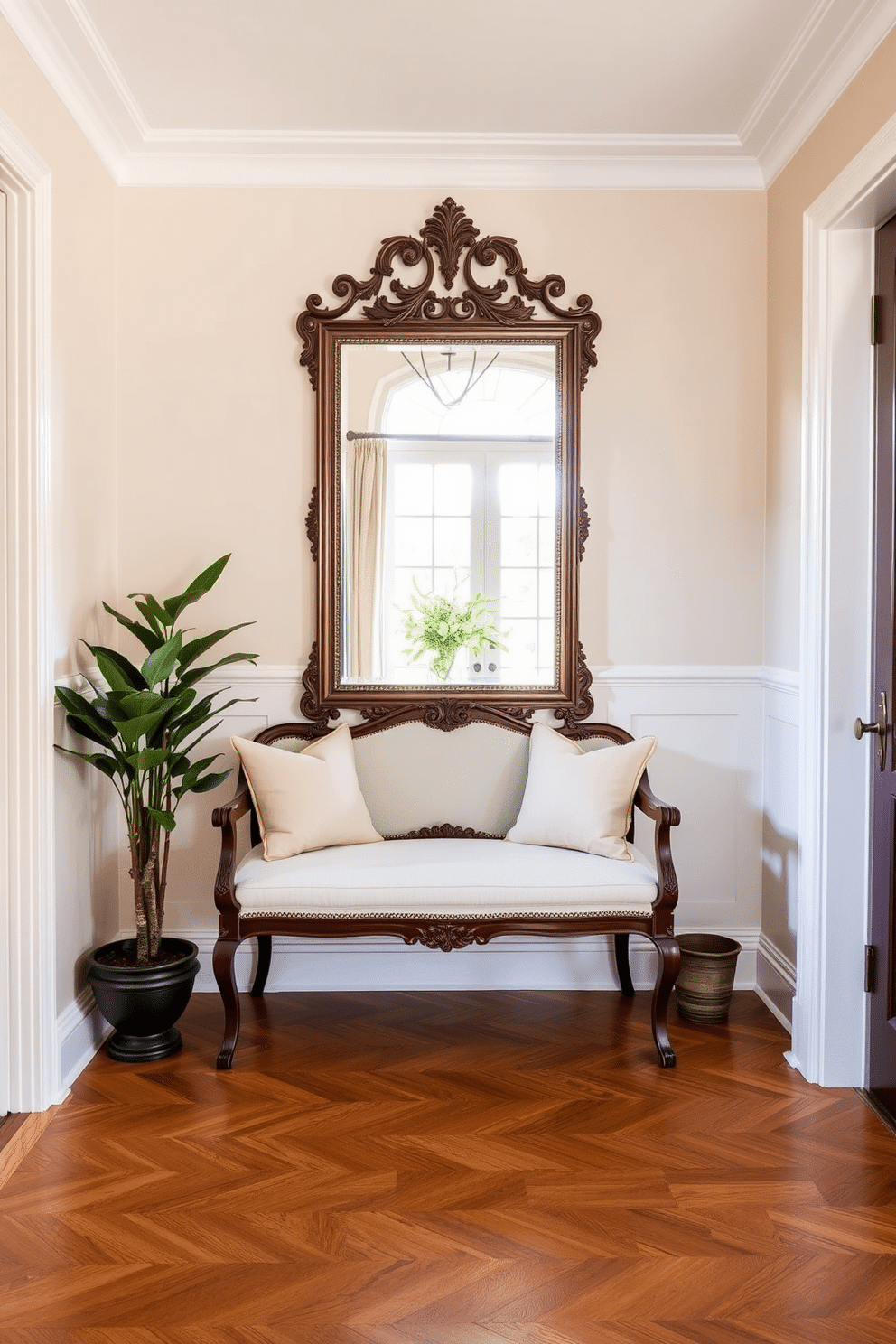 A vintage bench with plush cushions sits elegantly in a bright foyer, inviting guests to take a moment of rest. The walls are adorned with soft pastel colors, and a large, ornate mirror reflects the natural light pouring in from a nearby window. The flooring features classic herringbone wood, adding warmth and texture to the space. Potted plants flank the bench, enhancing the welcoming atmosphere and bringing a touch of nature indoors.