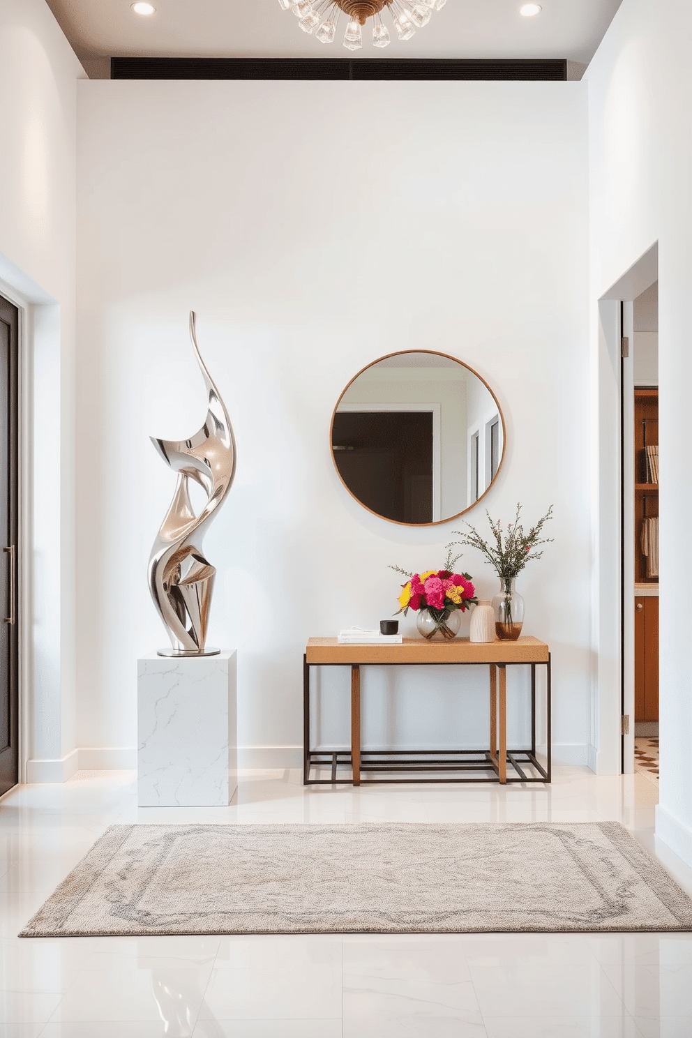 Artistic sculptures as focal points. A grand entryway features a large, abstract sculpture made of polished metal, standing majestically on a sleek marble pedestal. The walls are painted in a soft white, creating a striking contrast that highlights the artwork, while strategically placed spotlights illuminate the sculpture, enhancing its intricate details. White foyer design ideas. The foyer is adorned with a minimalist console table in a natural wood finish, topped with a few curated decorative items and a vibrant floral arrangement. A large, round mirror hangs above the table, reflecting light and creating an illusion of spaciousness, while a plush area rug in subtle textures adds warmth to the bright space.