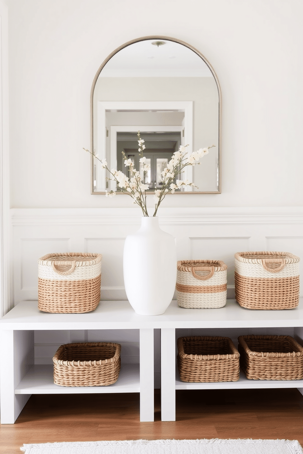 Chic storage baskets for organization. The baskets are woven from natural fibers, featuring a mix of cream and taupe colors, and are neatly arranged on open shelves. White foyer design ideas. The foyer showcases a sleek white console table adorned with a minimalist vase, while the walls are accented with subtle wainscoting and a statement mirror above the table.