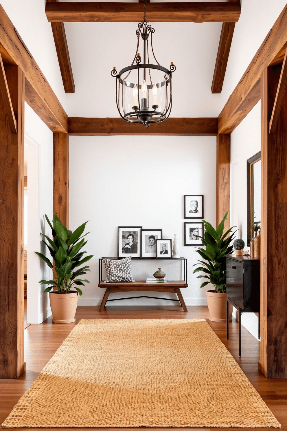 A rustic foyer featuring exposed wooden beams and a reclaimed wood bench against crisp white walls creates a warm and inviting atmosphere. Large potted plants flank the entrance, while a vintage chandelier hangs from the ceiling, adding a touch of elegance to the rustic charm. The foyer is adorned with a textured jute rug that complements the wood tones, and a series of framed black-and-white photographs line the walls. A stylish console table displays decorative items and a mirror, enhancing the space's openness and light.