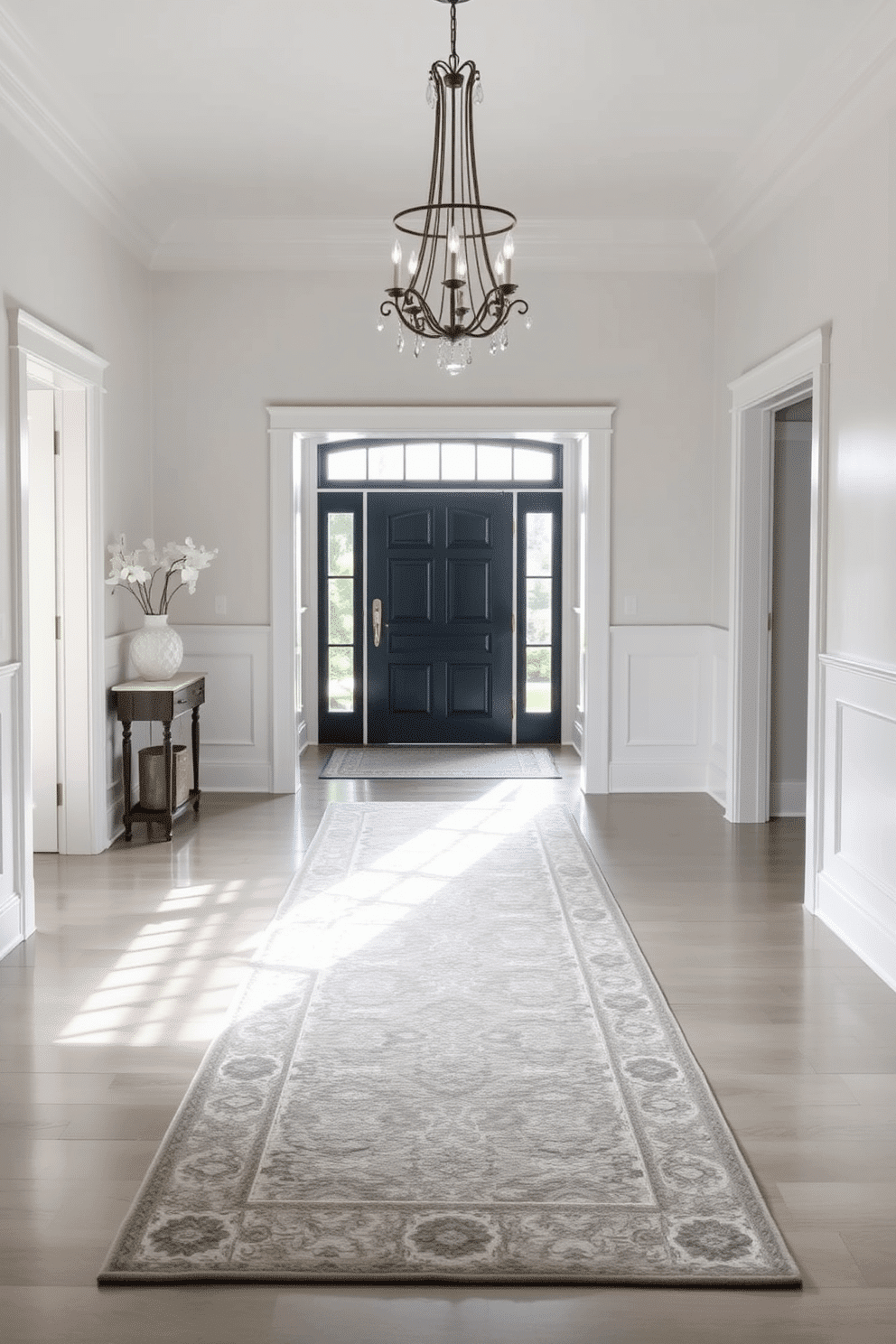 A stunning white foyer featuring a beautiful runner rug that adds texture and warmth to the space. The walls are adorned with subtle wainscoting, while a statement chandelier hangs from the ceiling, illuminating the area with a soft glow.