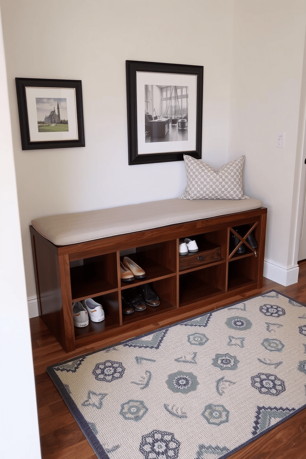 A stylish foyer features a sleek bench with a cushioned top, providing a comfortable spot to sit while putting on shoes. Beneath the bench, elegant shoe storage is integrated, showcasing a mix of open cubbies and closed compartments finished in a rich wood tone. The walls are adorned with soft, neutral colors that create a welcoming atmosphere, complemented by tasteful artwork that adds a touch of personality. A chic area rug lies beneath the bench, enhancing the overall design while providing warmth and texture to the space.