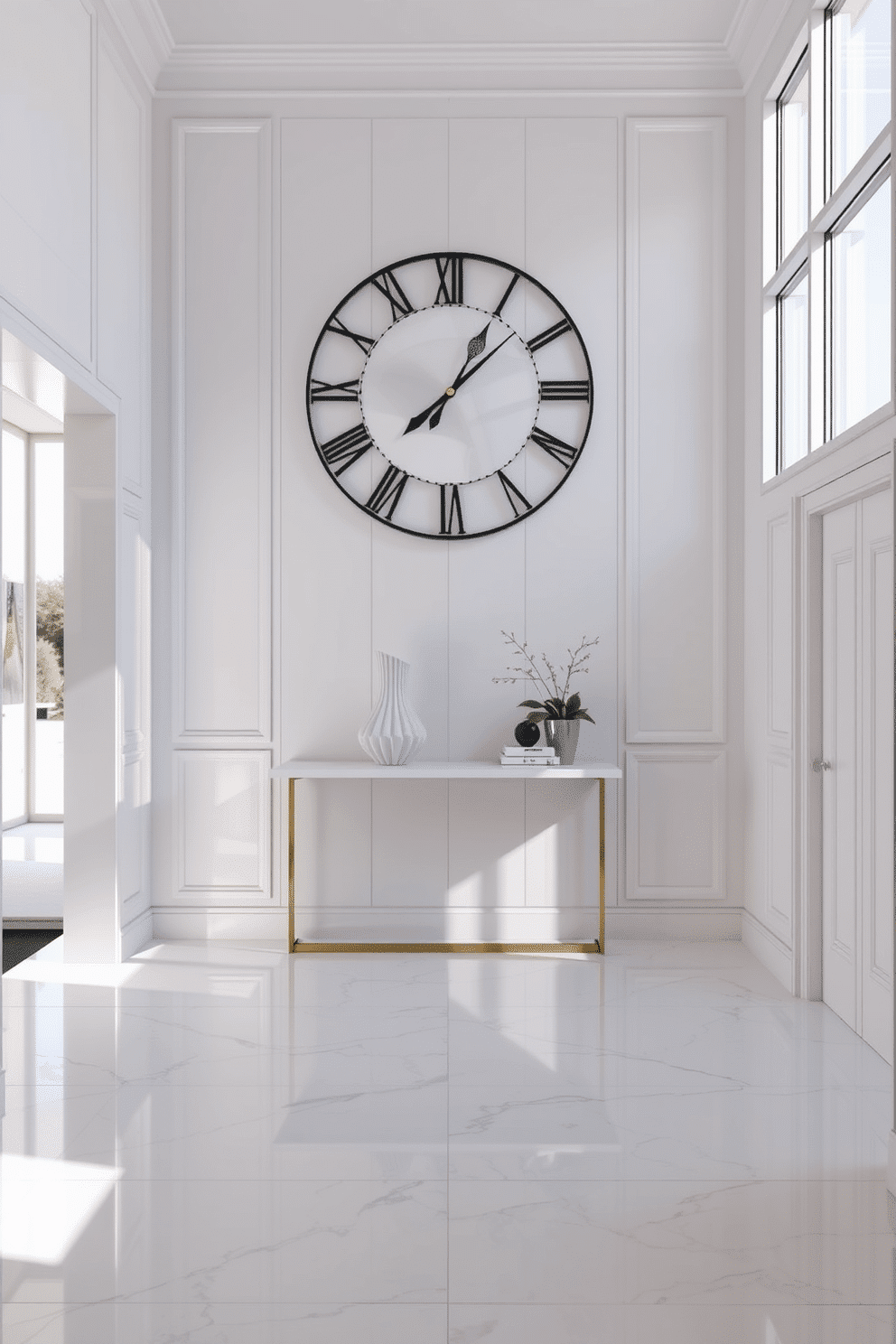 A striking statement clock serves as the focal point in a bright white foyer, drawing the eye with its oversized, modern design. The walls are adorned with sleek paneling, and the floor features polished marble tiles that reflect the natural light streaming in from a large window. In this elegant foyer, a minimalist console table sits beneath the clock, topped with a few curated decor items like a sculptural vase and a small potted plant. The overall ambiance is enhanced by soft, ambient lighting that highlights the clean lines and sophisticated aesthetic of the space.