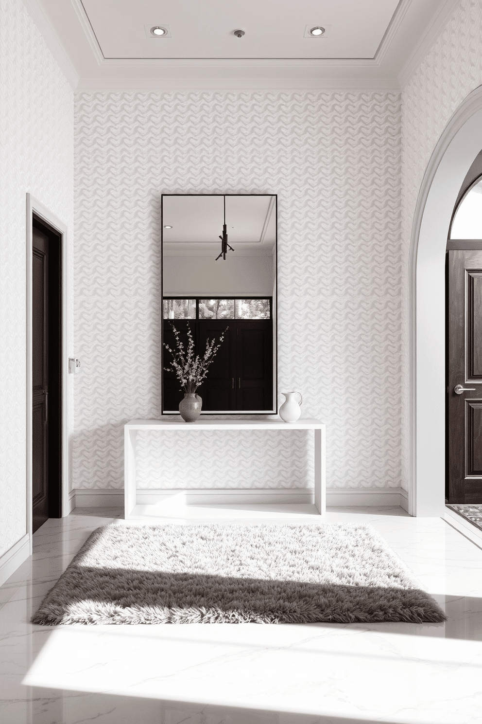 A stunning foyer featuring textured white wallpaper that adds depth and sophistication to the space. The floor is adorned with elegant marble tiles, and a sleek console table is positioned against the wall, topped with a decorative lamp and a small potted plant. Incorporating a large, frameless mirror enhances the sense of openness, reflecting natural light that streams in from a nearby window. A plush area rug in soft gray tones anchors the space, providing warmth and inviting comfort.