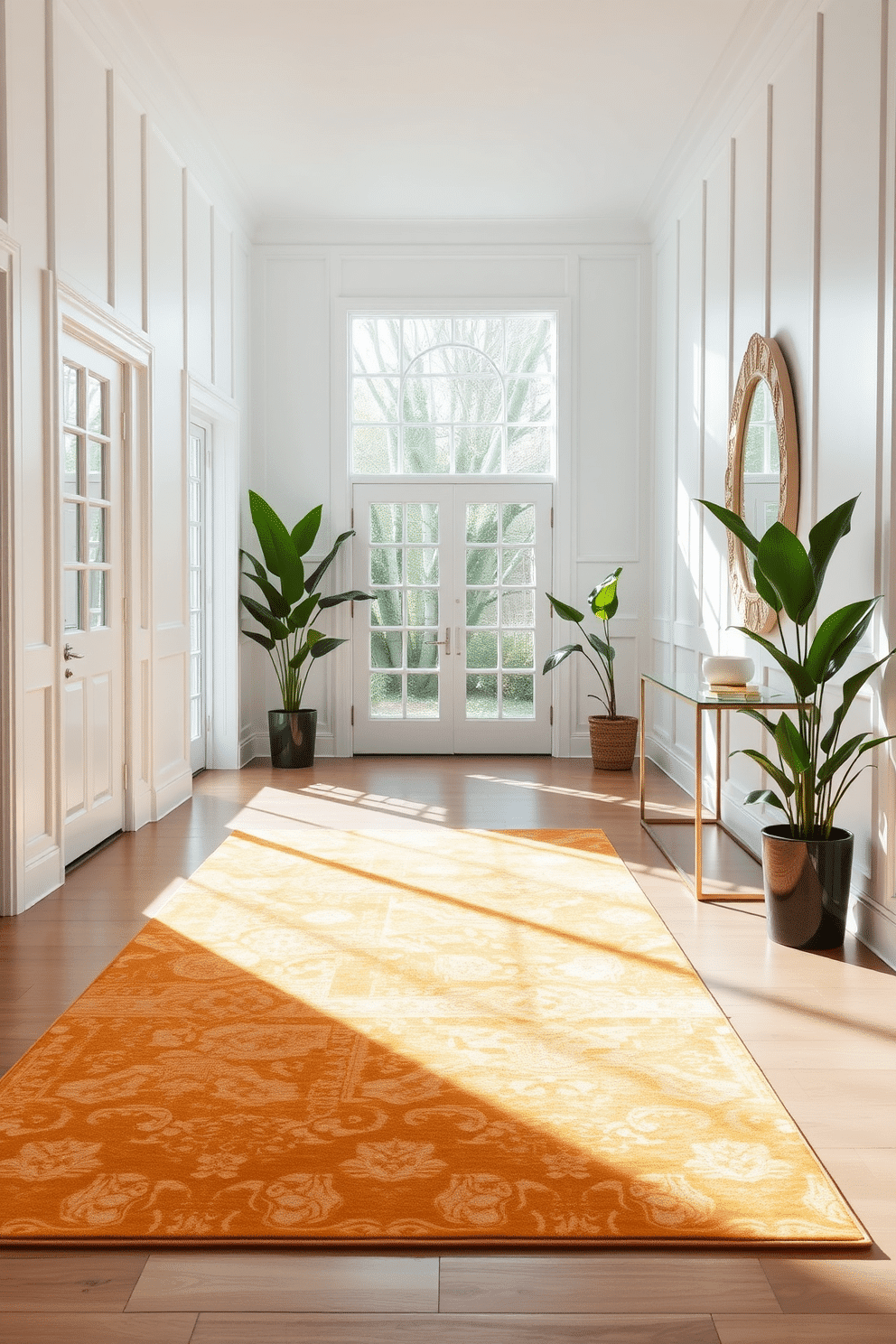 A bright area rug with subtle patterns lies at the center of a spacious white foyer, creating a warm and inviting atmosphere. The walls are adorned with sleek white paneling, while a minimalist console table with a glass top sits against one side, complemented by a decorative mirror above it. Natural light floods the space through large windows, highlighting the soft textures of the rug. Potted greenery in the corners adds a touch of life, enhancing the serene and elegant feel of the foyer.