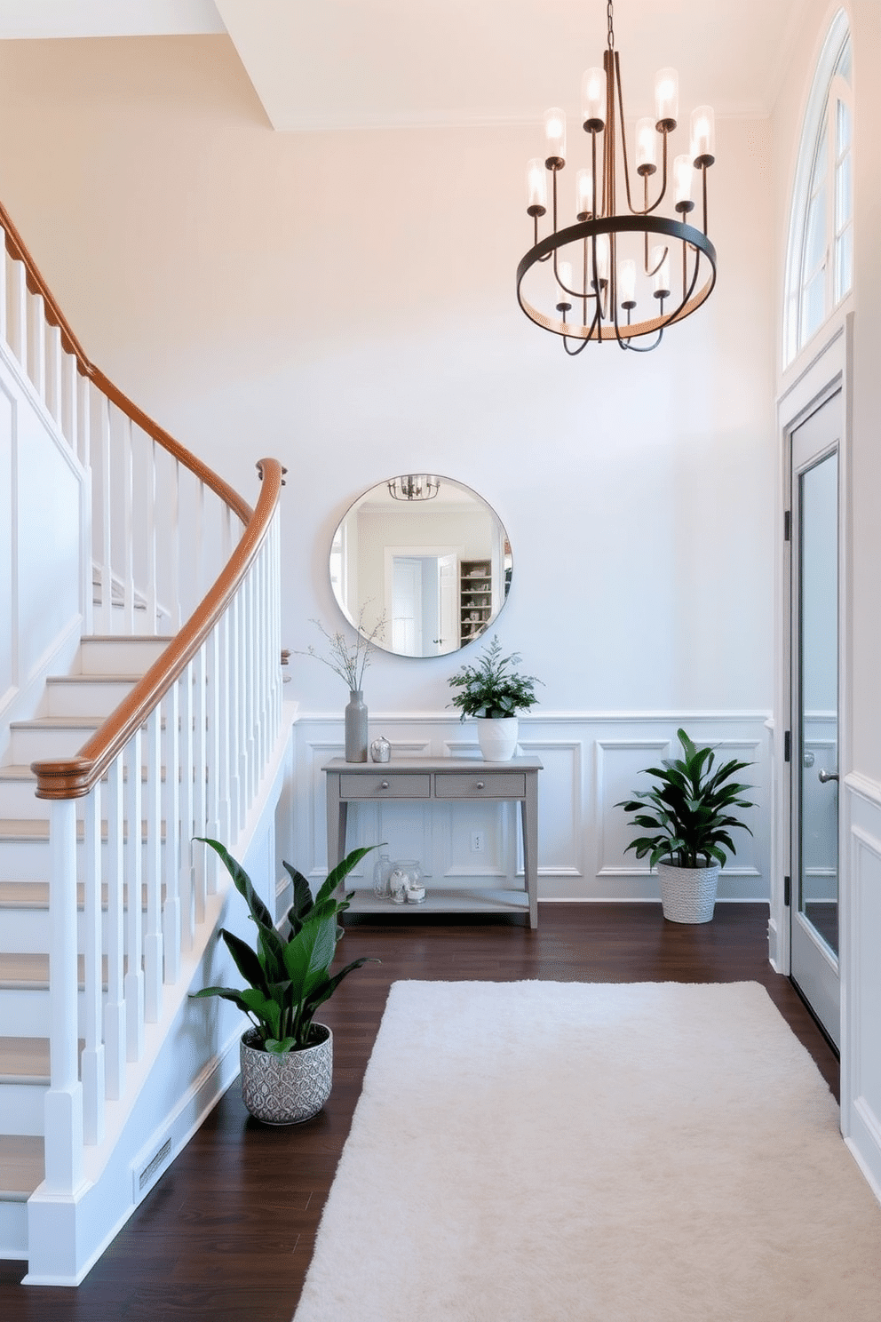 A bright and airy foyer featuring a white-painted staircase with a sleek wooden railing that curves gracefully. The walls are adorned with subtle wainscoting, and a large round mirror hangs above a stylish console table. The foyer is illuminated by a modern chandelier, casting a warm glow over the space. A plush area rug in soft neutrals anchors the room, while potted plants add a touch of greenery to the inviting atmosphere.