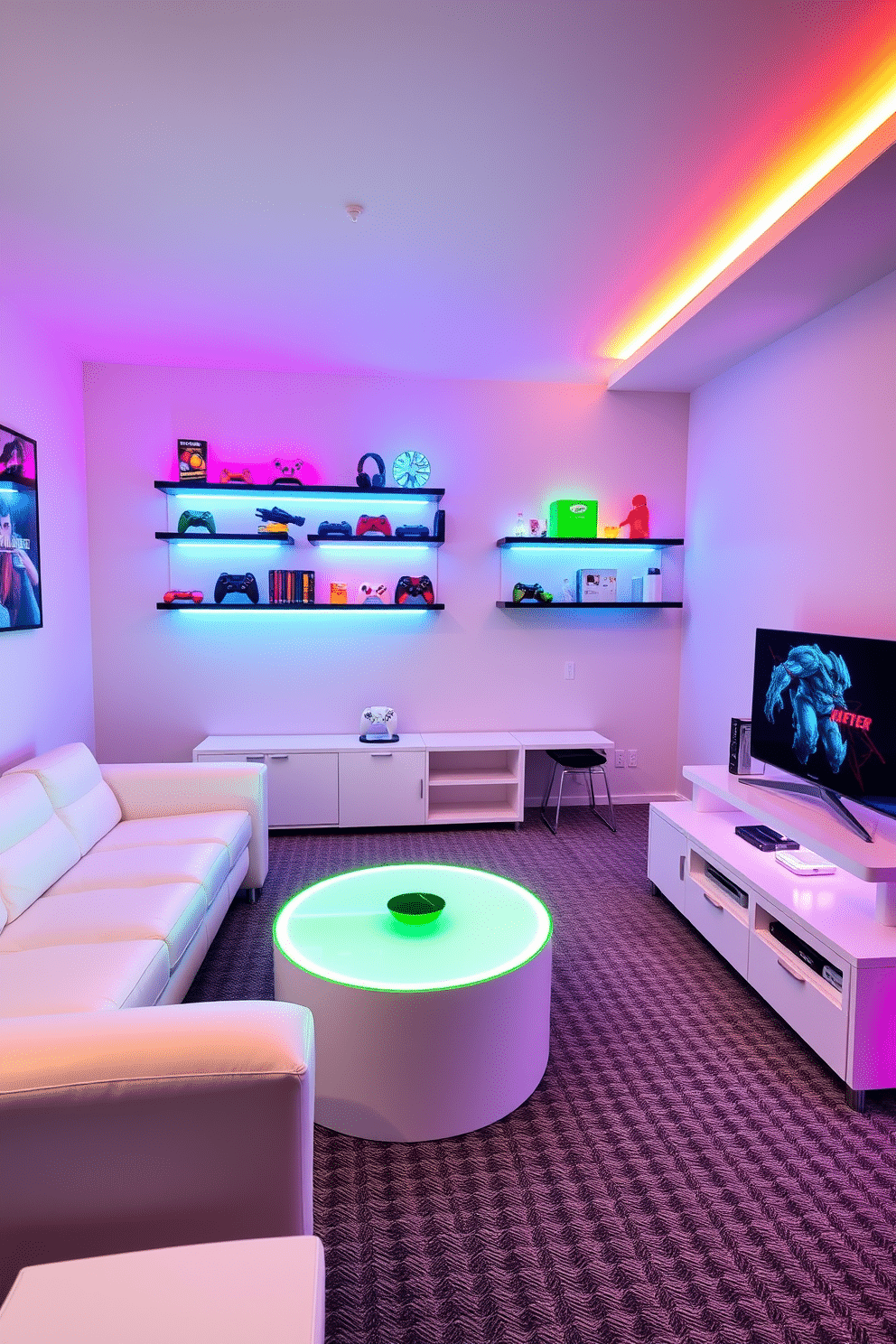 A sleek game room featuring minimalist white furniture accented with vibrant neon colors. The room includes a large, white sectional sofa, a neon green coffee table, and wall-mounted shelves displaying colorful gaming accessories. The walls are painted in a soft gray, providing a neutral backdrop that enhances the neon elements. A modern gaming console sits on a white entertainment unit, while neon lights illuminate the space, creating an energetic atmosphere.