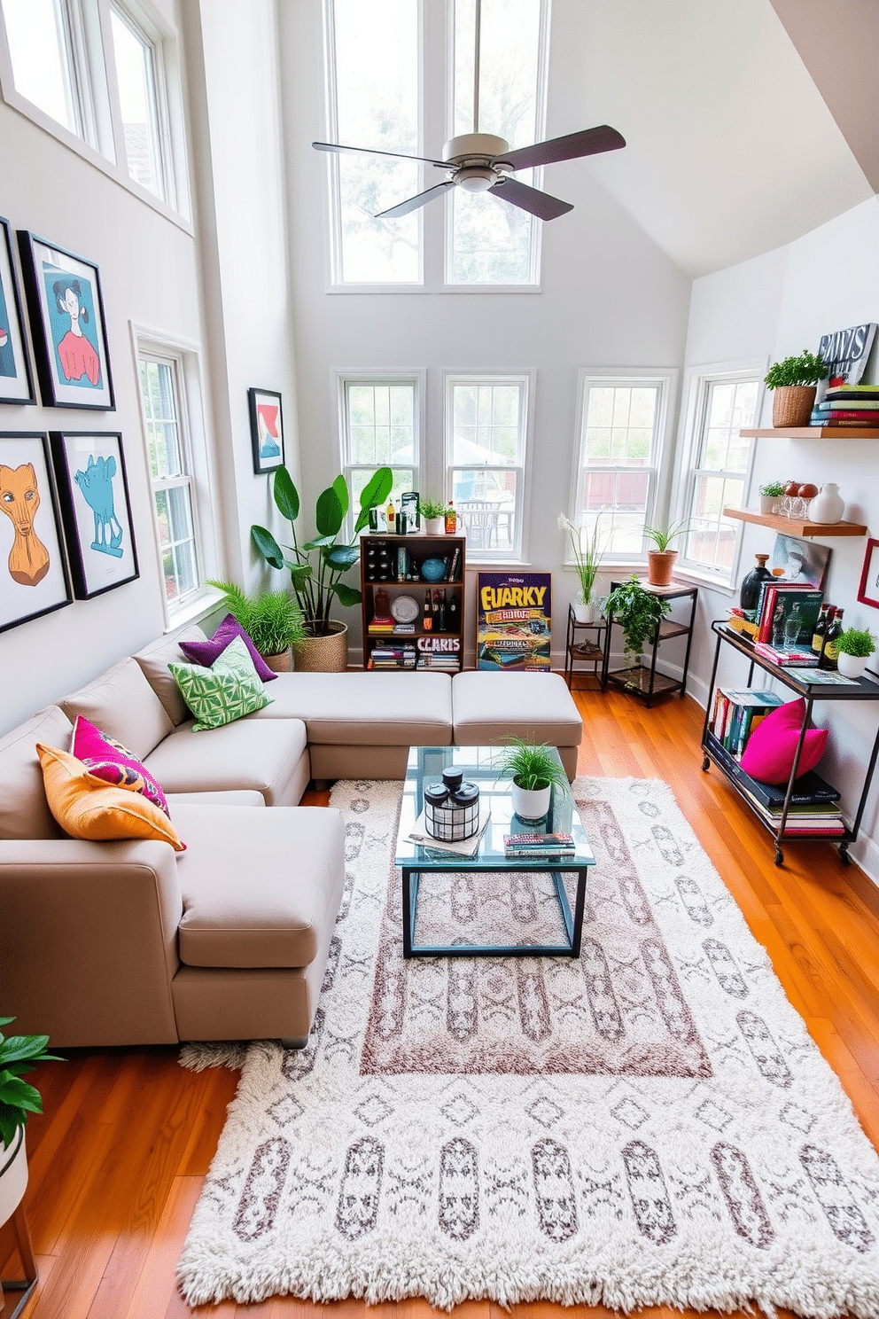 A vibrant game room filled with natural light, featuring a large sectional sofa in a neutral tone paired with colorful accent pillows. The walls are adorned with playful, framed artwork, and a sleek coffee table sits in the center, surrounded by indoor plants for a touch of greenery. In one corner, a stylish bar cart showcases an array of beverages and glassware, while a wall-mounted shelf displays board games and books. The flooring is a warm wood finish, complemented by a plush area rug that adds comfort and style to the space.