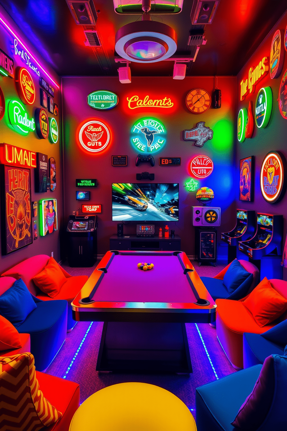 A lively game room filled with neon signs that illuminate the space in vibrant colors. The walls are adorned with various neon artworks, creating an energetic atmosphere perfect for entertainment. The room features a sleek pool table at its center, surrounded by plush seating in bold hues. A large LED screen mounted on the wall showcases the latest gaming consoles, while colorful LED strip lights outline the room for added flair.